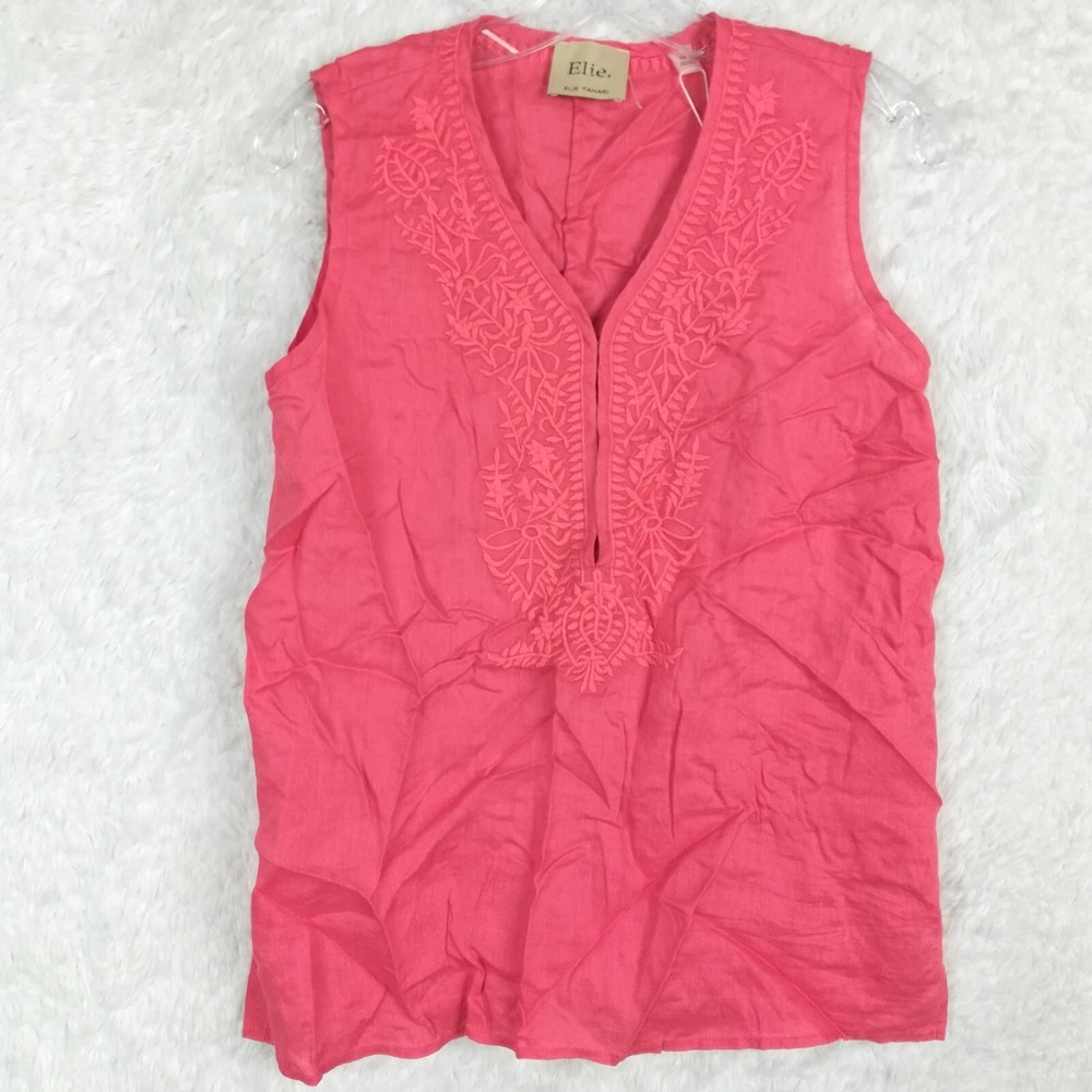 Elie Tahari Womens Blouse Linen Tank Coral Embroidered Island Hibiscus S New